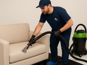 Profissional da Safanelli Higienização realizando Limpeza de Estofados em Itajaí com extratora IPC em sofá de linho bege.