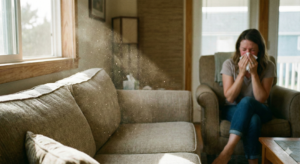 Luz solar iluminando poeira e ácaros sobre um sofá em uma sala de estar, com mulher ao fundo sofrendo de alergia. Imagem explicativa para o guia: Por que sua alergia ataca dentro de casa?