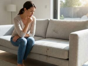 Mulher preocupada olhando para manchas em um sofá de linho moderno, ilustrando a necessidade de limpeza de sofá em Itajaí para evitar danos com receitas caseiras.