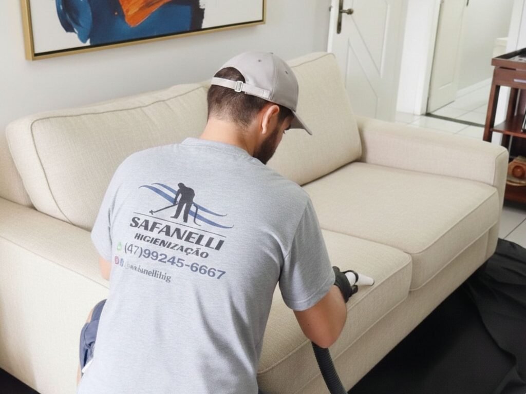 Técnico especializado da Safanelli Higienização, utilizando luvas pretas e equipamento de alta performance, realiza a higienização profunda de um sofá de linho claro em apartamento de alto padrão em Itajaí.