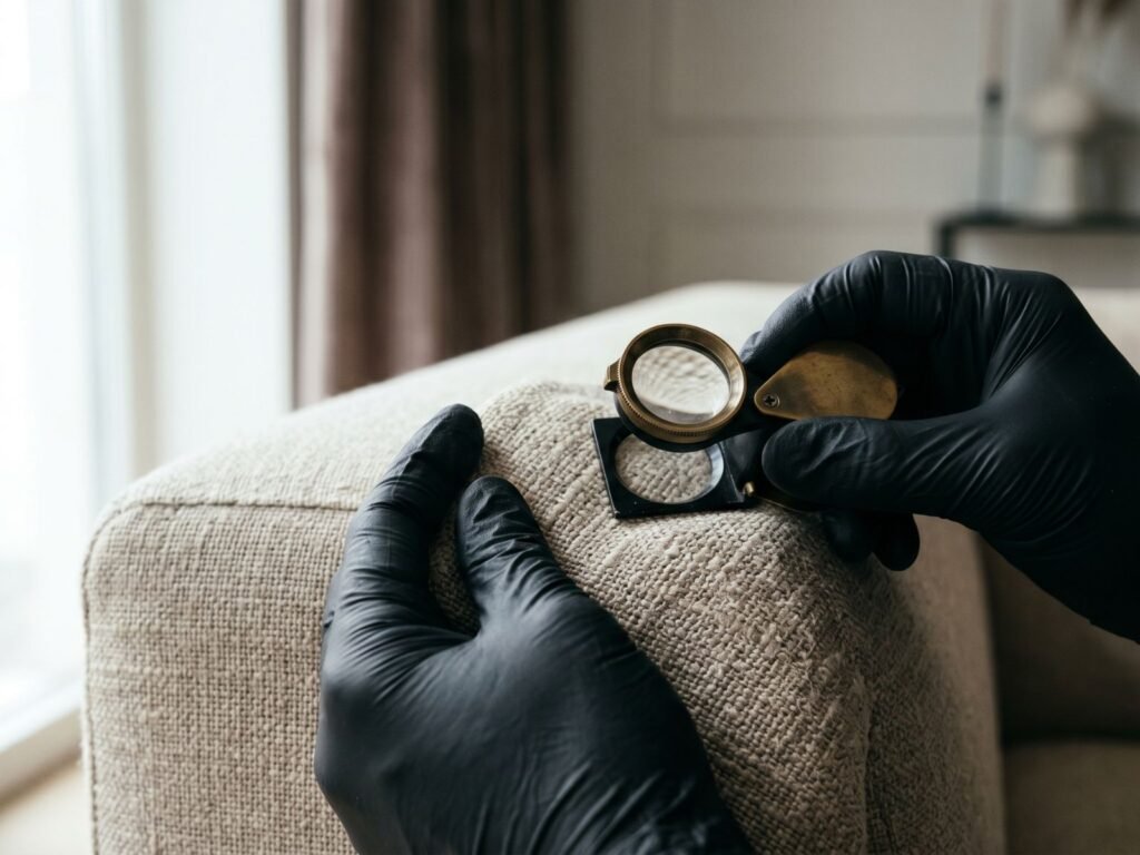 A Verdade Revelada: Impermeabilização de Sofá Escurece o Tecido ou Altera o Toque Original? Saiba Como Blindar Seu Patrimônio com Segurança Absoluta 1 Especialista da Safanelli com luvas pretas utiliza uma lupa de precisão para analisar as tramas de um sofá de linho claro. Este diagnóstico têxtil é o passo fundamental antes da impermeabilização de estofados em Itajaí para garantir que o produto correto seja aplicado sem alterar a cor do móvel.