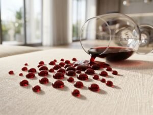 Vinho tinto formando gotas repelidas em um sofá de linho claro, provando que a impermeabilização técnica não altera a cor nem permite manchas no tecido. Impermeabilização de sofá em Itajaí