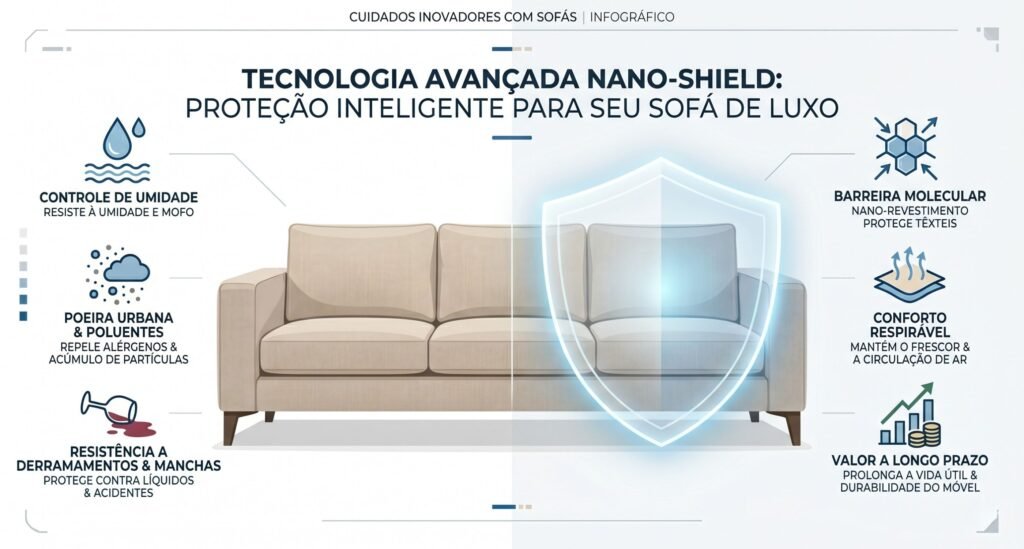 A Verdade Revelada: Impermeabilização de Sofá Escurece o Tecido ou Altera o Toque Original? Saiba Como Blindar Seu Patrimônio com Segurança Absoluta 2 Infográfico ilustrando as ameaças climáticas de Itajaí contra sofás e como o ROI da impermeabilização técnica protege o patrimônio contra manchas, maresia e poeira.